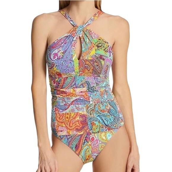 NWT Bleu Rod Beattie Paisley Print Halterneck One-Piece Swimsuit Size 10 NEW - Picture 1 of 14